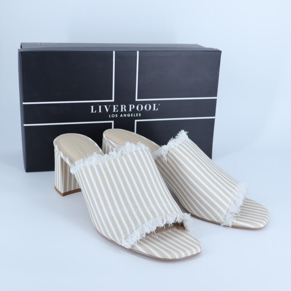Liverpool Brea Block Heel Pinstriped Mule NIB Tan and White Sandals Women's 10M